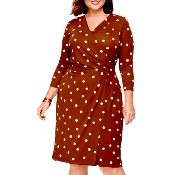 Talbots Wrap Dress V-neck 3/4 sleeves Brown White Polka Dot Women’s Plus Size 1X - Picture 1 of 15